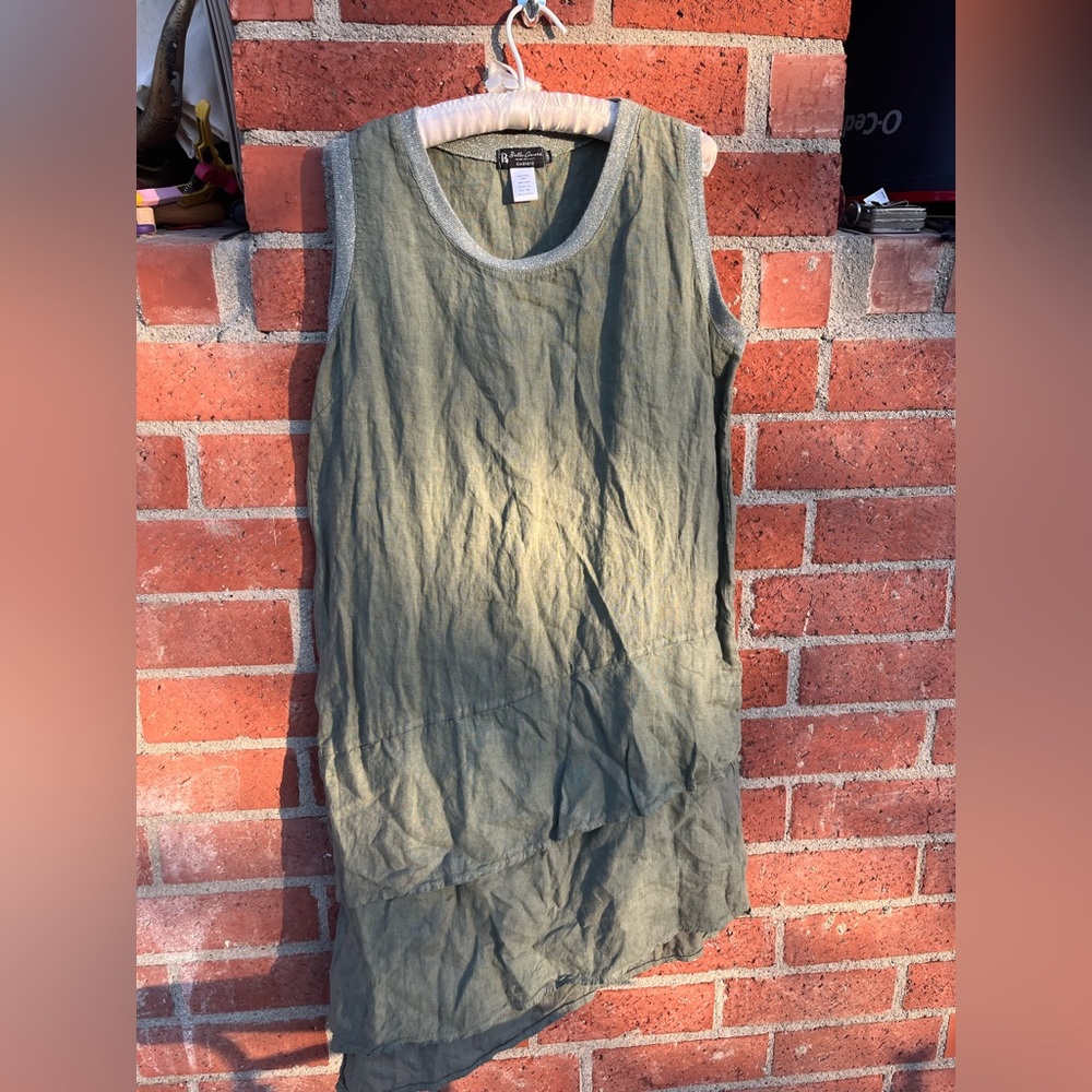 Bella Amore Olive Green Linen Dress, Tiered, Made in Italy, Size 1X